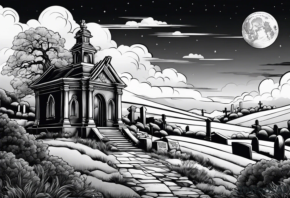 Cemetery on hills with clouds and moon tattoo idea