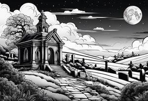 Cemetery on hills with clouds and moon tattoo idea