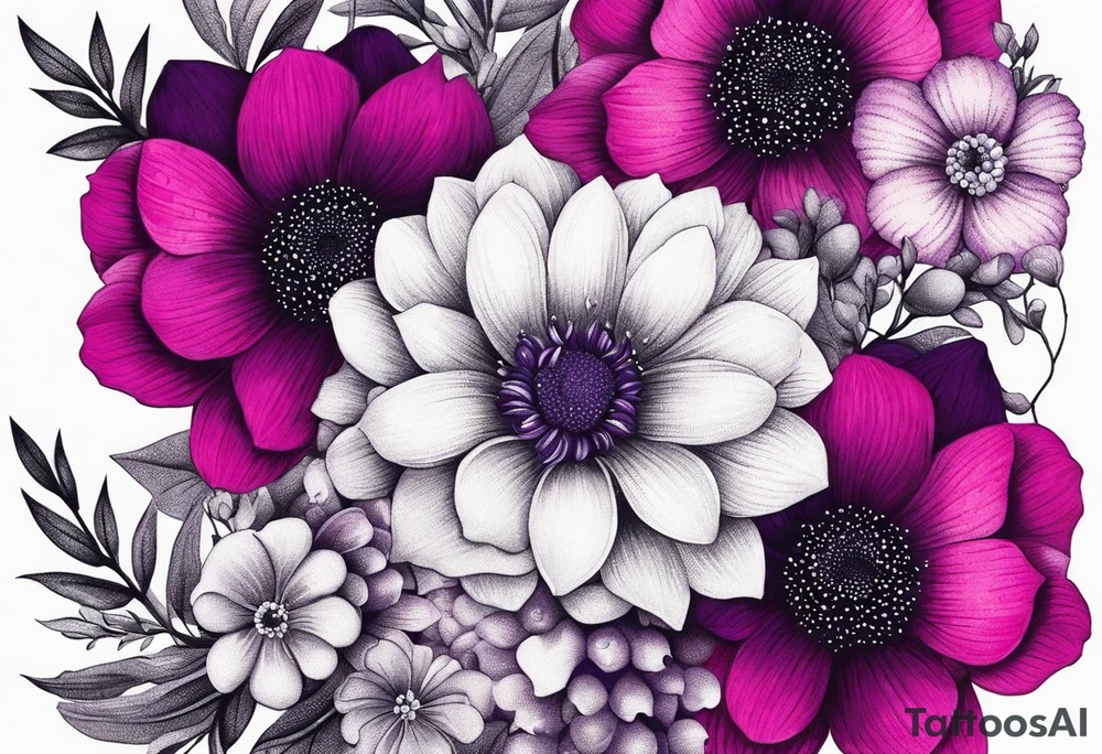 bouquets of pink and purple flowers very bright tattoo idea