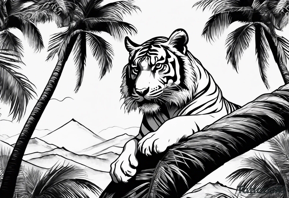 tiger climbing palm tree tattoo idea