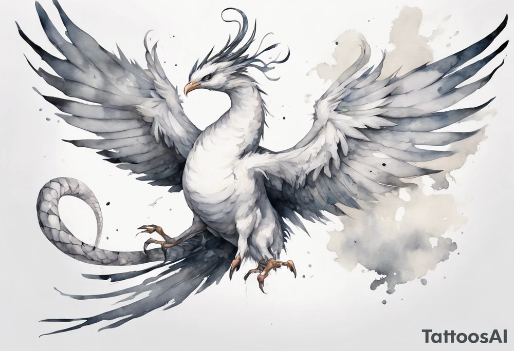 a white bird-serpent hybrid, wearing a small grey crown on its head, flying in the air tattoo idea