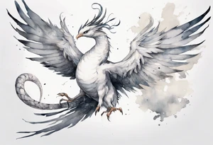 a white bird-serpent hybrid, wearing a small grey crown on its head, flying in the air tattoo idea
