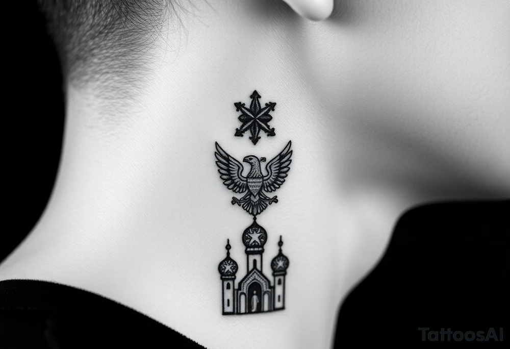 Stacked Vertical Column 

Russian star — small, bold
Middle: Miniature double-headed eagle — simplified, cleaner lines to suit the smaller space
Bottom: Orthodox church dome(s) with a small Virgin Mary silhouette beneath tattoo idea