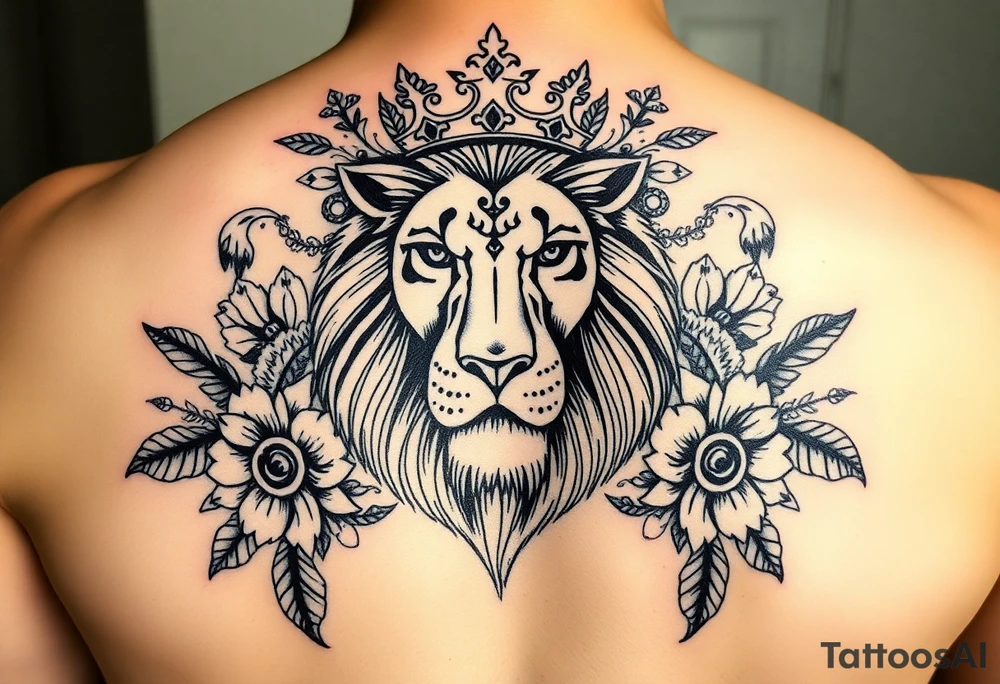powerful majestic lion with a crown, surrounded by floral ornaments and birds tattoo idea