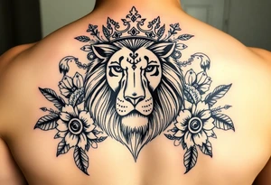 powerful majestic lion with a crown, surrounded by floral ornaments and birds tattoo idea