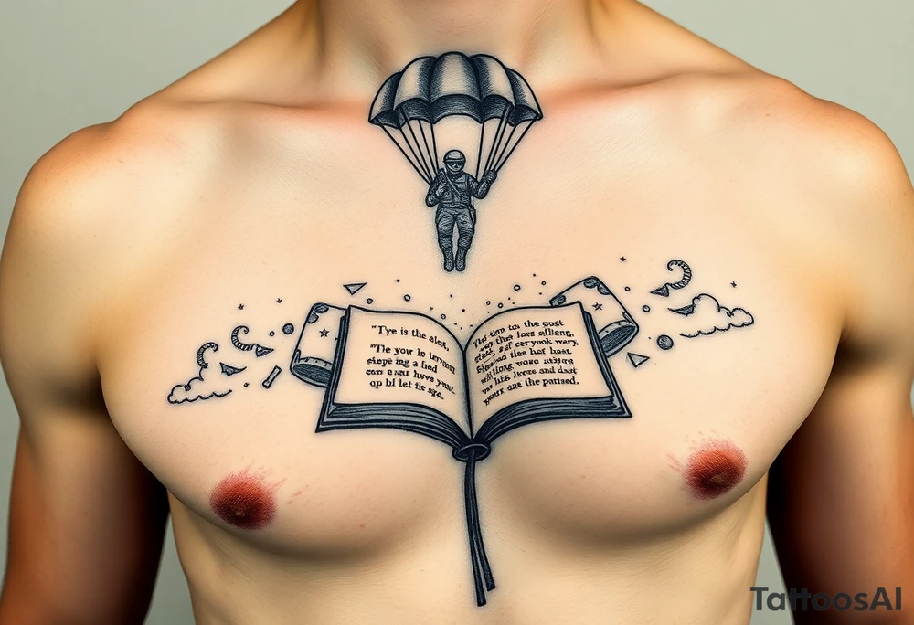 A parachuting soldier landing into an open book. Chaos surrounding, but a sense of security inside the book. On the chest. book contains a quote. Make it smaller tattoo idea