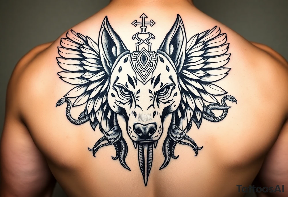 Egyptian Anubis god face muscle in Egypt style dog face surrounded Egyptian symbols and snakes full back tattoo idea