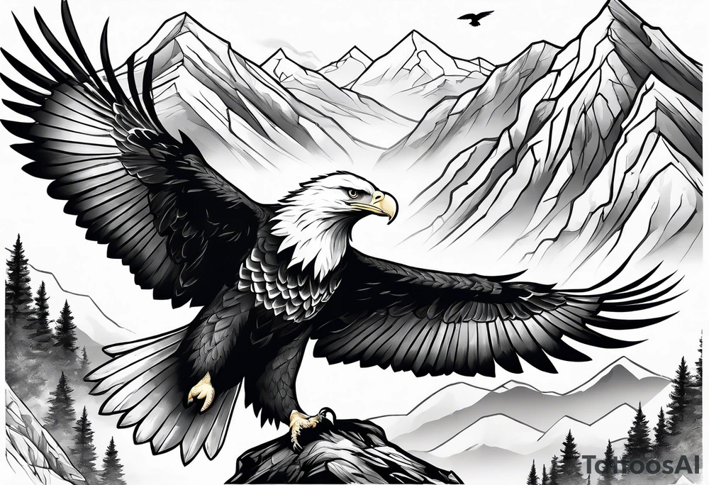 Eagle searching for a Dove on a tree limb in the mountains tattoo idea