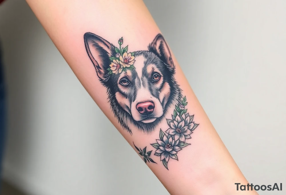 merle austrailian cattle dog with succulents and flowers surrounding his head tattoo idea