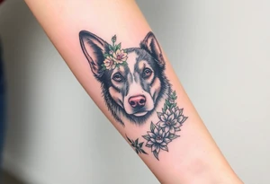 merle austrailian cattle dog with succulents and flowers surrounding his head tattoo idea