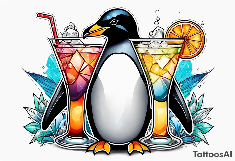 fun, penguin holding cocktails tattoo idea