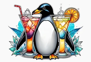 fun, penguin holding cocktails tattoo idea