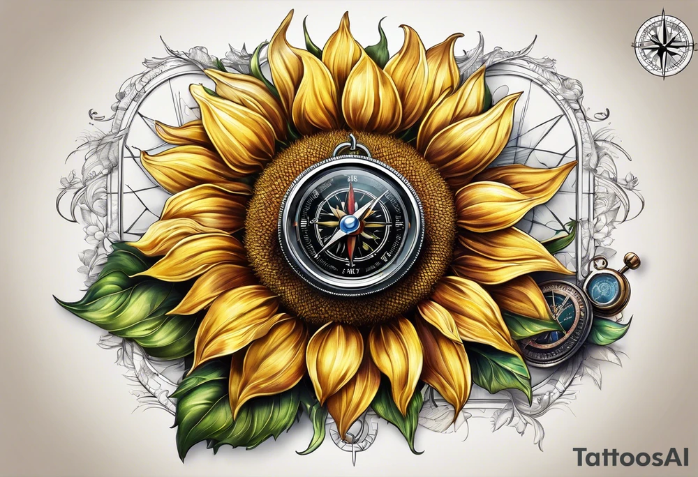 Sunflower next to a compass tattoo idea