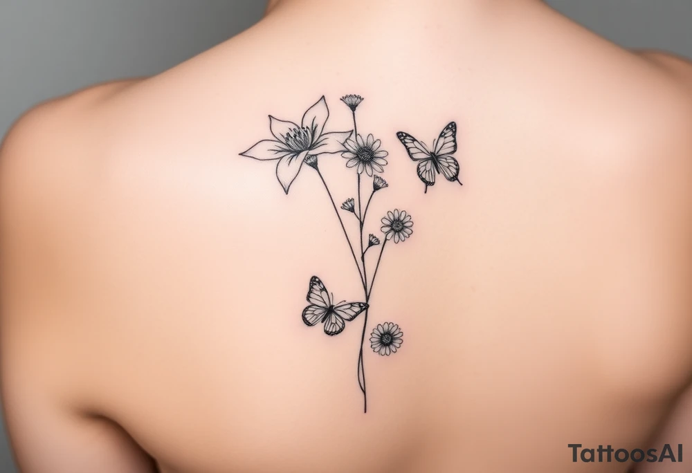 Water lily, honeysuckle, narcissus, violet and a daisy on top of vertical line

Small butterflies tattoo idea