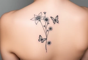 Water lily, honeysuckle, narcissus, violet and a daisy on top of vertical line

Small butterflies tattoo idea