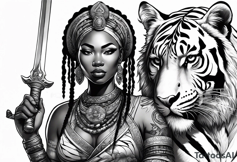 African goddess with sword in hand and tiger Japanese traditional style tattoo idea