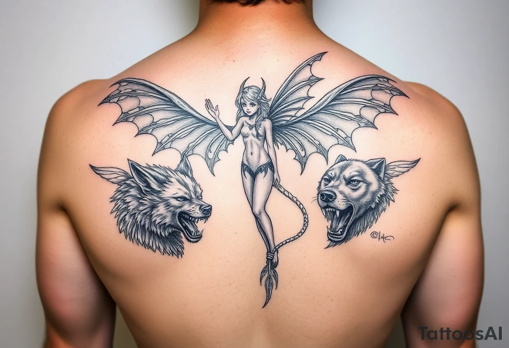 powerful fae fairy with dragons and wolves tattoo idea
