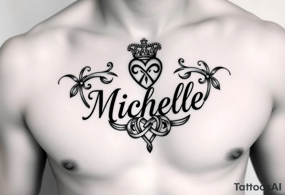 Design a tattoo for a man’s chest of a woman’s name (Michelle). There should be a claddagh and a Celtic knot entertwined. The bane Michelle should be in calligraphy tattoo idea