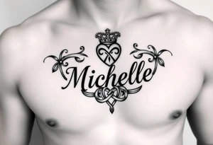 Design a tattoo for a man’s chest of a woman’s name (Michelle). There should be a claddagh and a Celtic knot entertwined. The bane Michelle should be in calligraphy tattoo idea