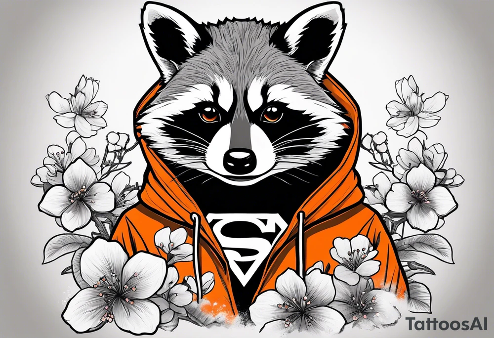 raccoon wearing a black and white Superman hoodie and orange Japanese cherry blossoms tattoo idea