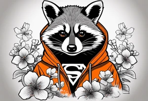 raccoon wearing a black and white Superman hoodie and orange Japanese cherry blossoms tattoo idea