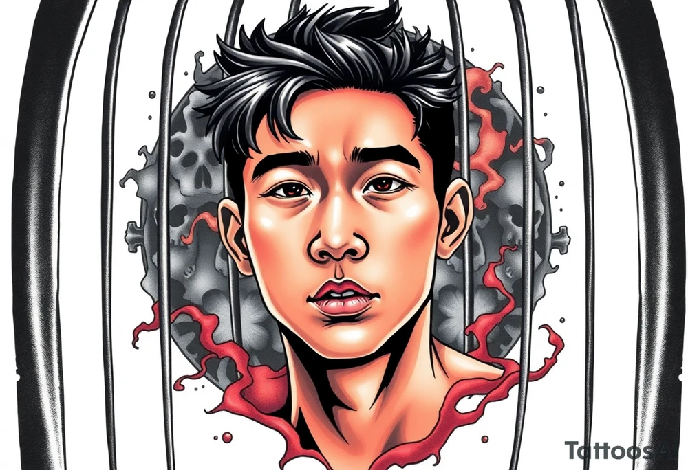 Handsome Asian young guy in scary cage tattoo idea