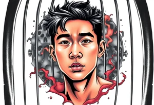 Handsome Asian young guy in scary cage tattoo idea