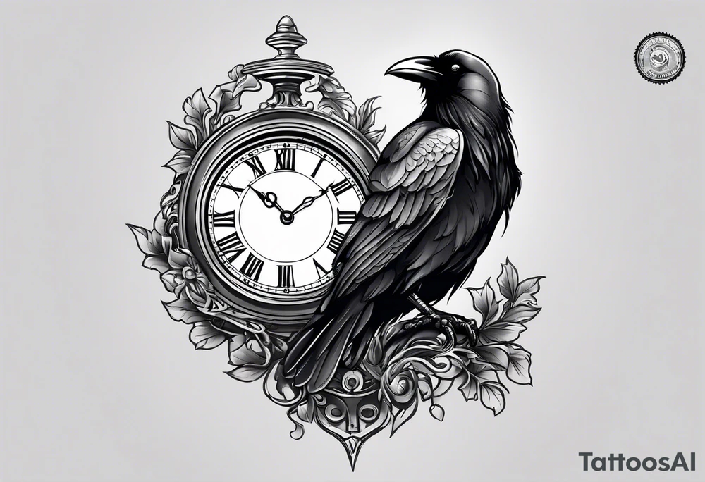 raven perched on clock tattoo idea