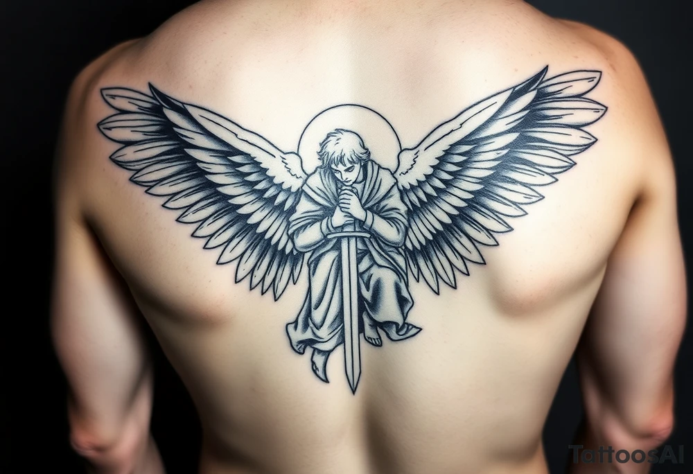 Angel with long sword cloaked kneeling looking down wings spread tattoo idea