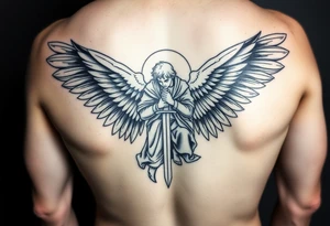 Angel with long sword cloaked kneeling looking down wings spread tattoo idea