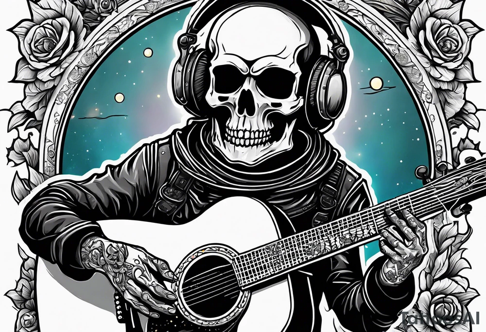 Skeleton astronaut playing acoustic guitar tattoo idea