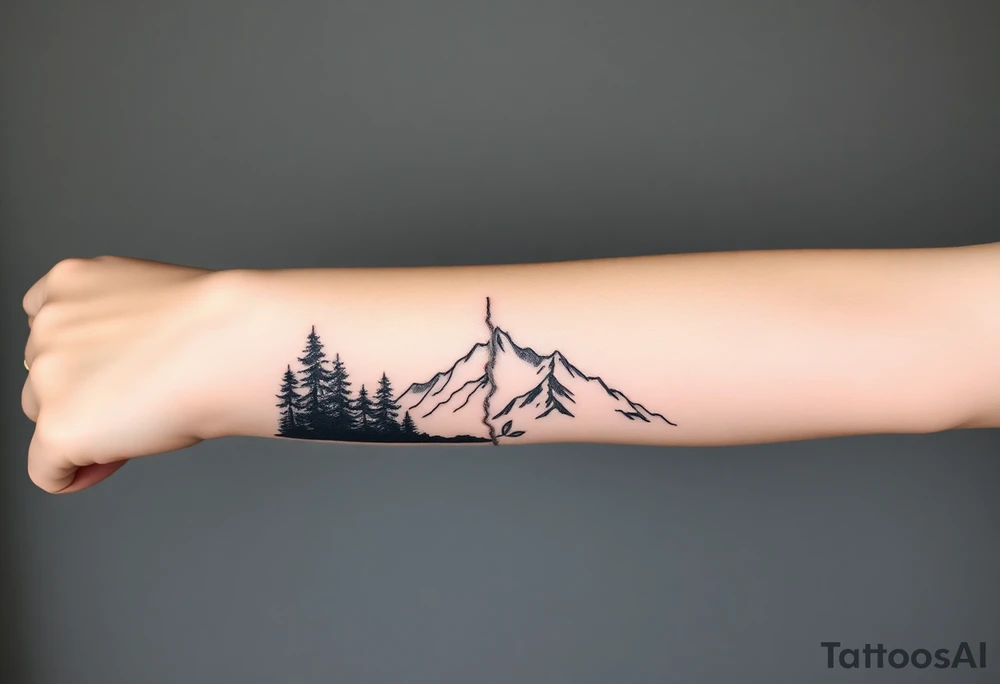 Fractured scene: dark, tangled forest on one side, open mountain range on the other. Split but connected tattoo idea