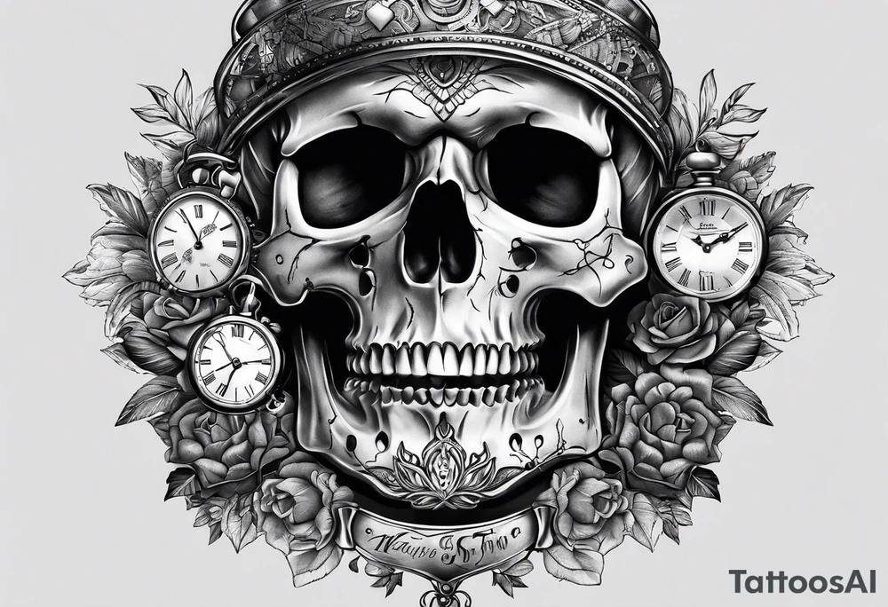 A skull and a watch which shows a specifix time tattoo idea
