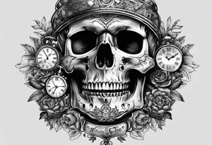 A skull and a watch which shows a specifix time tattoo idea