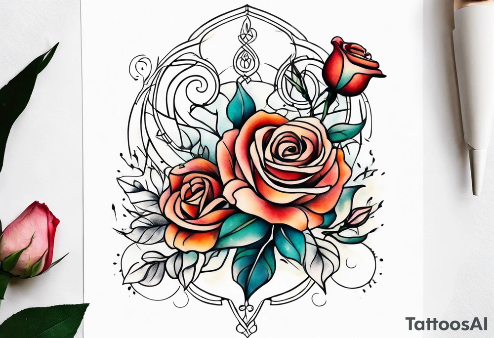 front knee tattoo with flowers & roses, swirls & water washes, background washes tattoo idea