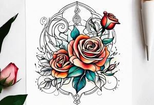front knee tattoo with flowers & roses, swirls & water washes, background washes tattoo idea