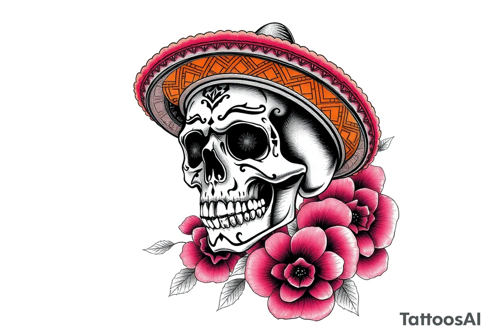 Day of the Dead skull wearing a brightly colored sombrero, vibrant floral background. tattoo idea