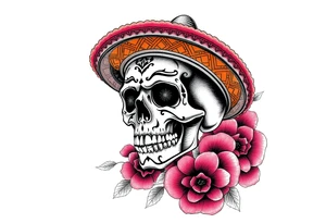 Day of the Dead skull wearing a brightly colored sombrero, vibrant floral background. tattoo idea