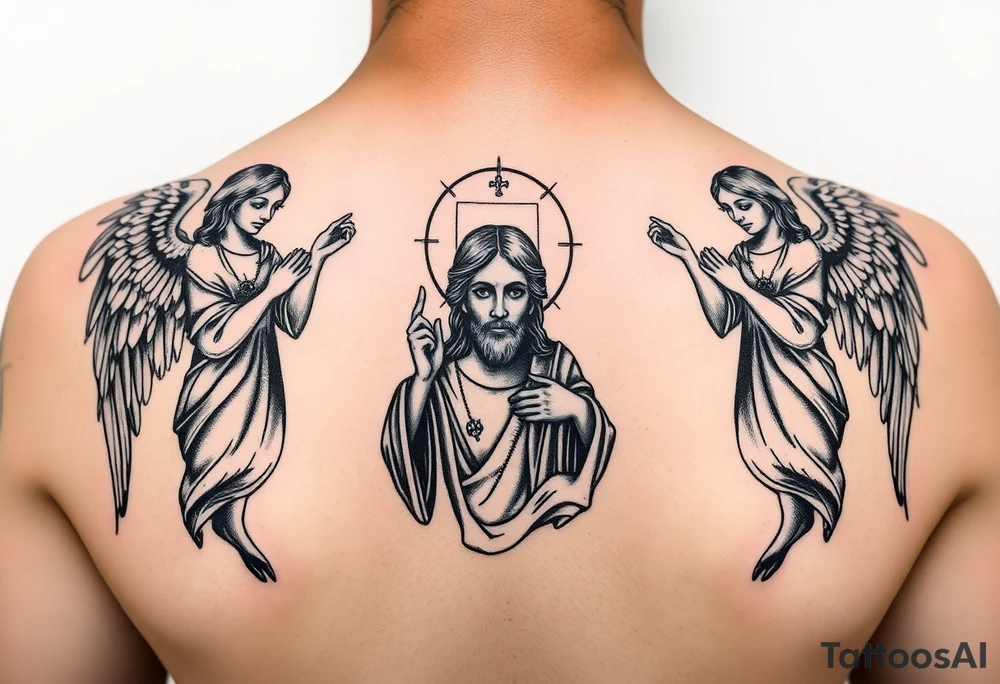 russian orthodox symmetrical guardian angel icon on left and right side of back with both angels holding up a jesus potrait tattoo idea