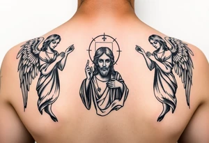 russian orthodox symmetrical guardian angel icon on left and right side of back with both angels holding up a jesus potrait tattoo idea