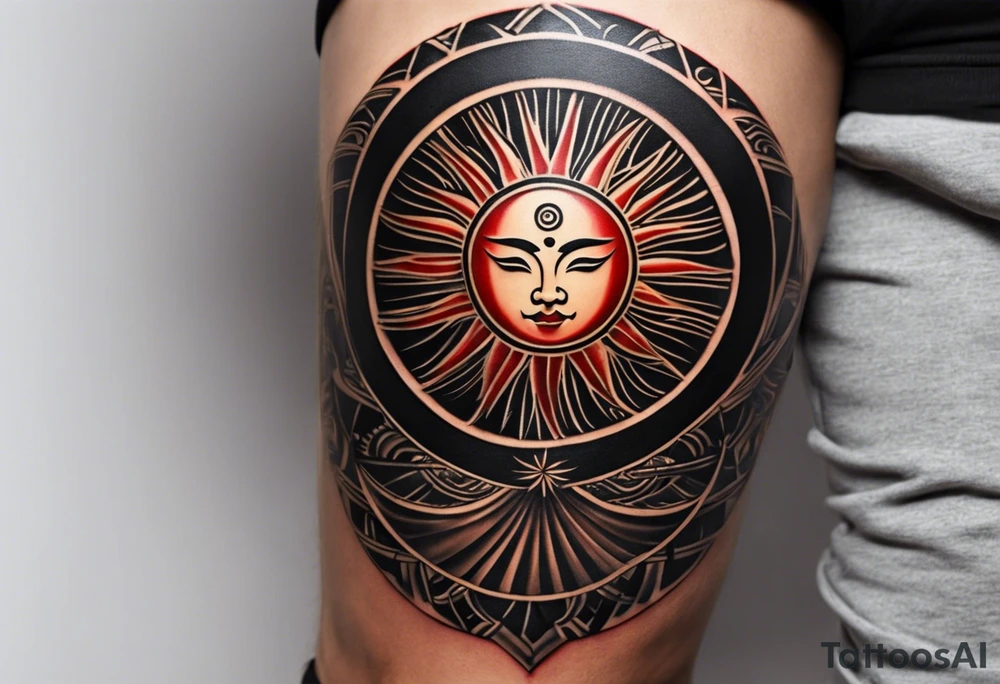 A tattoo inspired by traditional Japanese style, specifically designed for the knee. At the center, a sun with an expressive face, drawn in an oriental style with smooth yet defined lines, reflecting classic Japanese art elements. The sun’s rays are stylized and fluid, extending downward toward the shin and upward above the knee, maintaining visual balance. Incorporate details like flowing lines and edges that evoke natural and dynamic patterns typical of Japanese aesthetics. The design should be symmetrical, with an organic flow that fits the curvature of the knee. Preferably in black and gray, with detailed shading to enhance depth and texture. tattoo idea