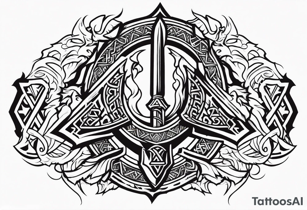 Valhalla sword shield dragon axe Valknut fire tattoo idea Valhalla sword shield dragon axe Valknut fire tattoo idea
