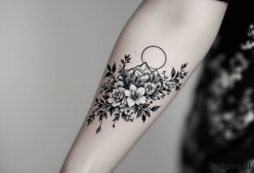 Rose vine and wild flowers, moon forest 
mountains and wrap around half sleeve tattoo idea
