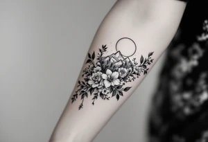 Rose vine and wild flowers, moon forest 
mountains and wrap around half sleeve tattoo idea