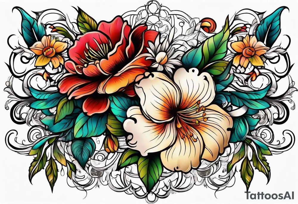 vintage colorful floral print tattoo idea
