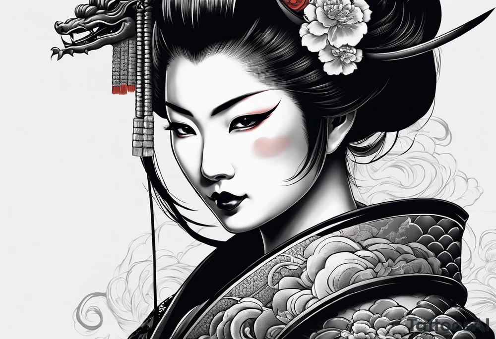 geisha in samurai armor, wearing an odashi in her hand and an oni mask on her belt, with a dragon in the background tattoo idea