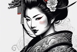 geisha in samurai armor, wearing an odashi in her hand and an oni mask on her belt, with a dragon in the background tattoo idea