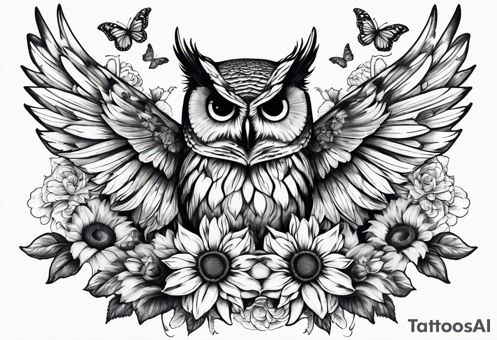 Winged cross with sunflower and butterflies that looks like an owl tattoo idea