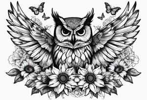 Winged cross with sunflower and butterflies that looks like an owl tattoo idea