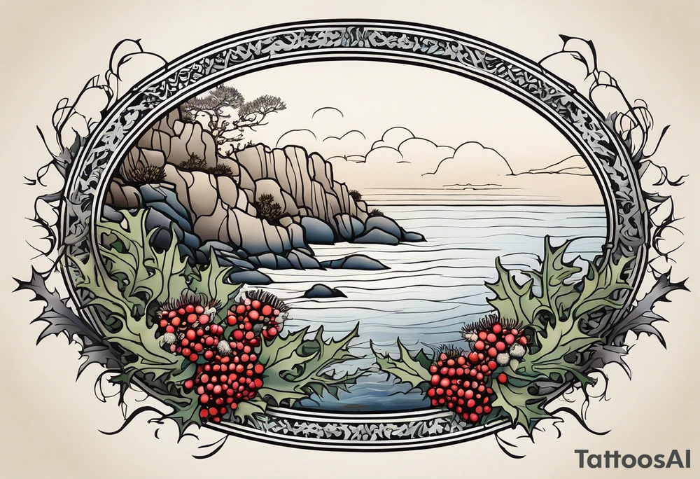 An oval frame of driftwood and seaweed with a thistle at the bottom of the frame and holly berries. The framed image is of a cliffside beside the sea. tattoo idea